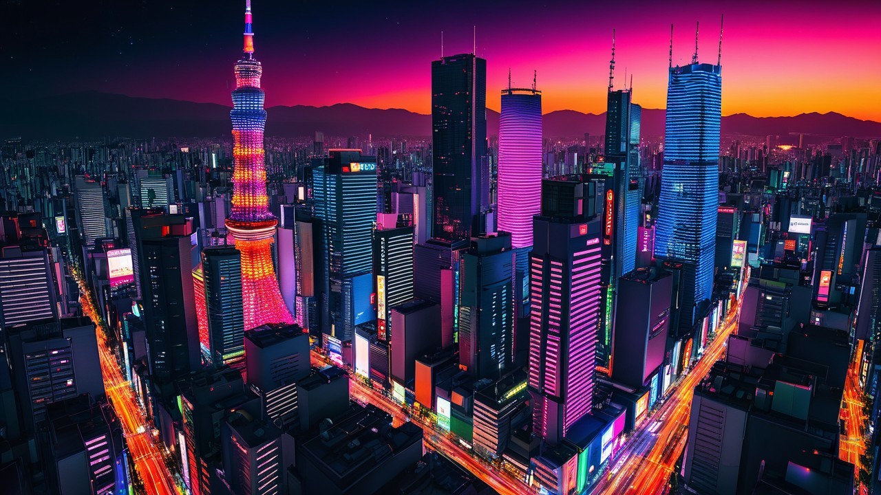 Vibrant city skyline at dusk with neon skyscrapers