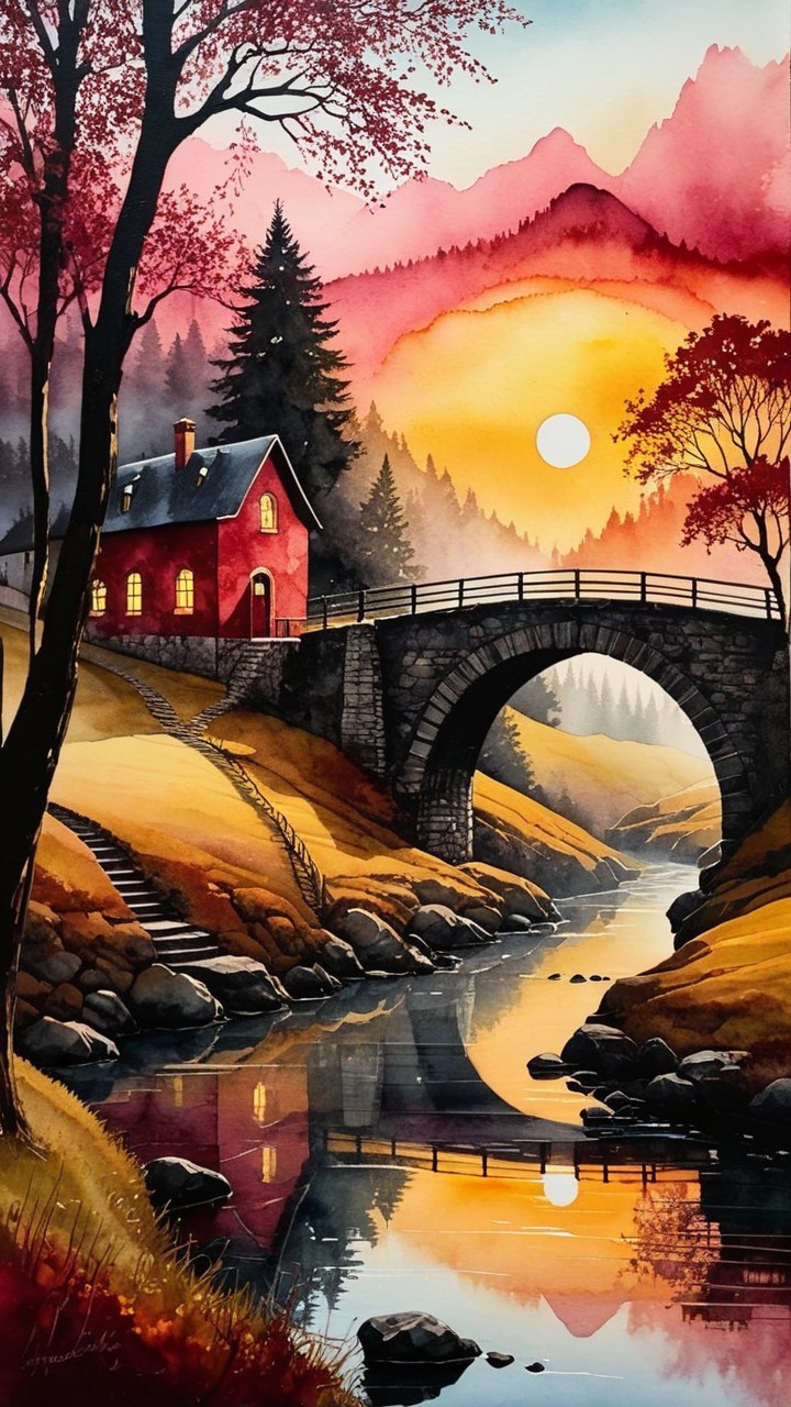 Tranquil Landscape with Red House and River Reflection