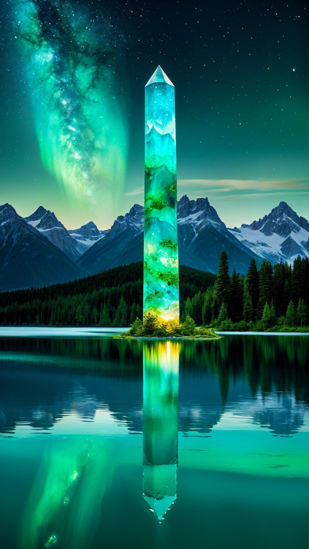 Crystal Obelisk Reflected in Tranquil Lake at Night
