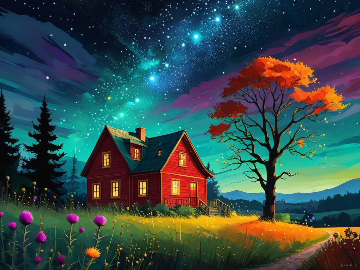 Quaint red house under starry sky with autumn leaves