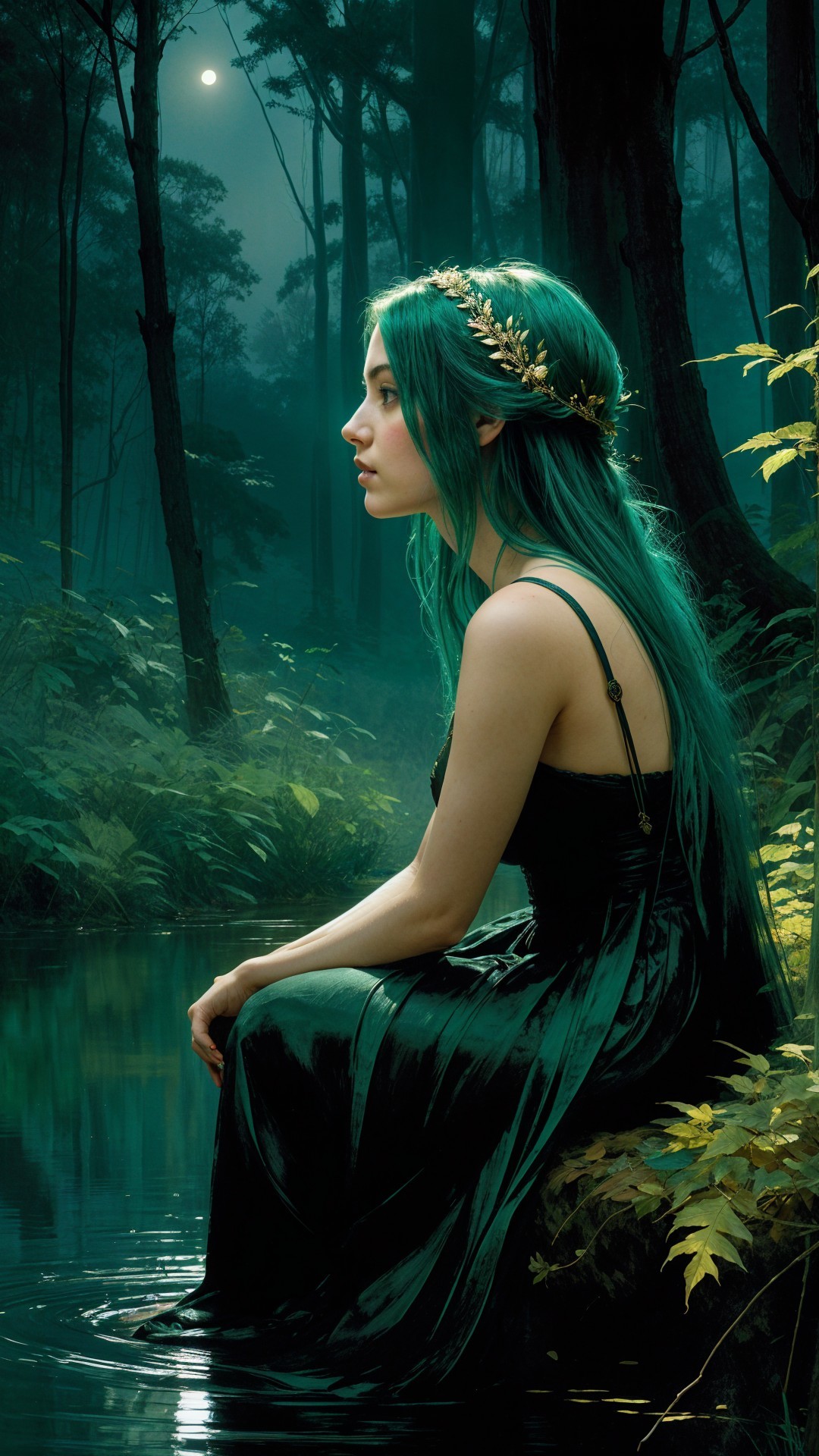 Mystical forest scene with teal-haired woman by pool