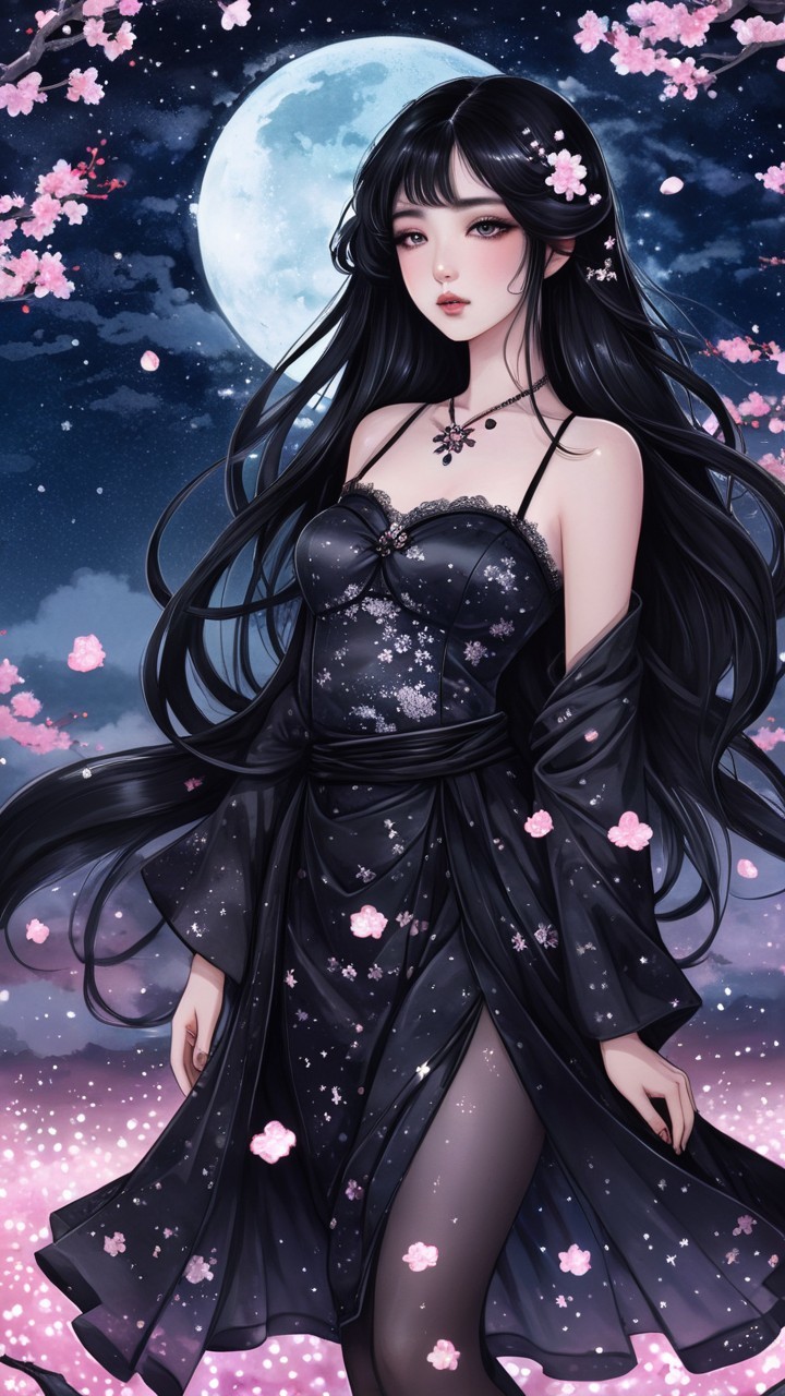 Mystical Figure Beneath Full Moon and Cherry Blossoms