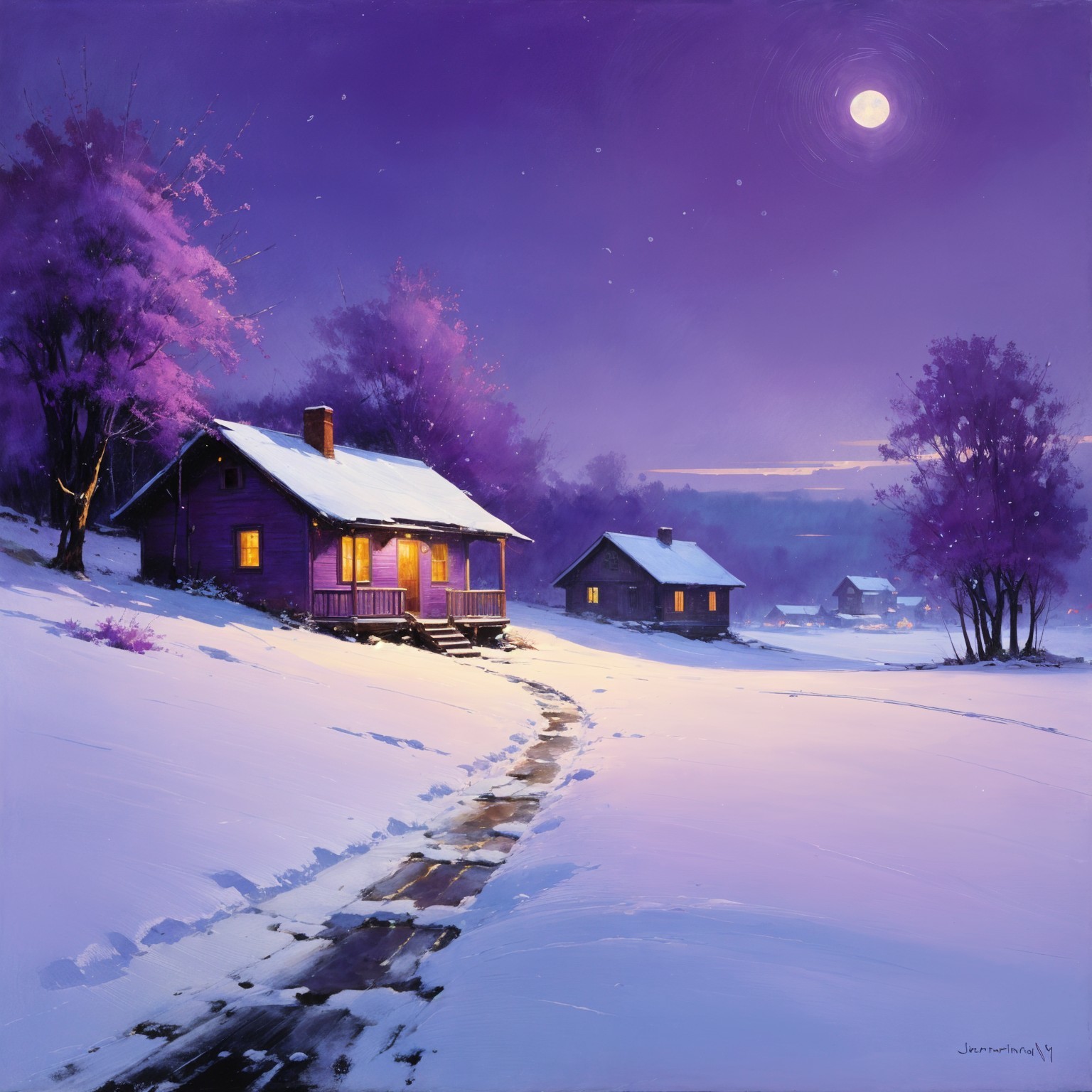 Cozy purple cottage in a serene winter night scene