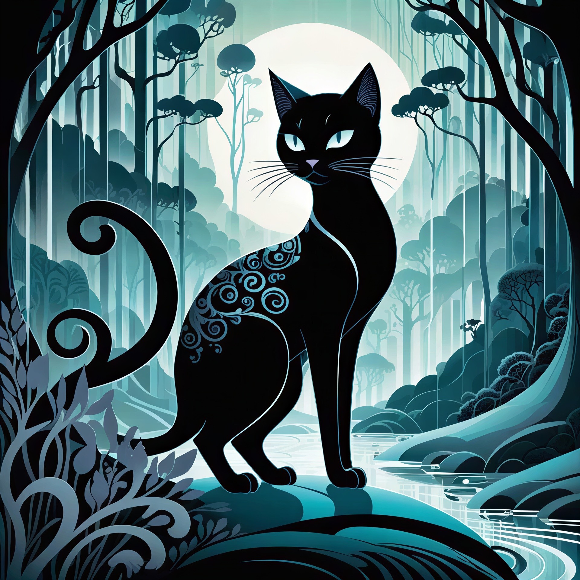 Digital painting of a black cat in a mystical forest
