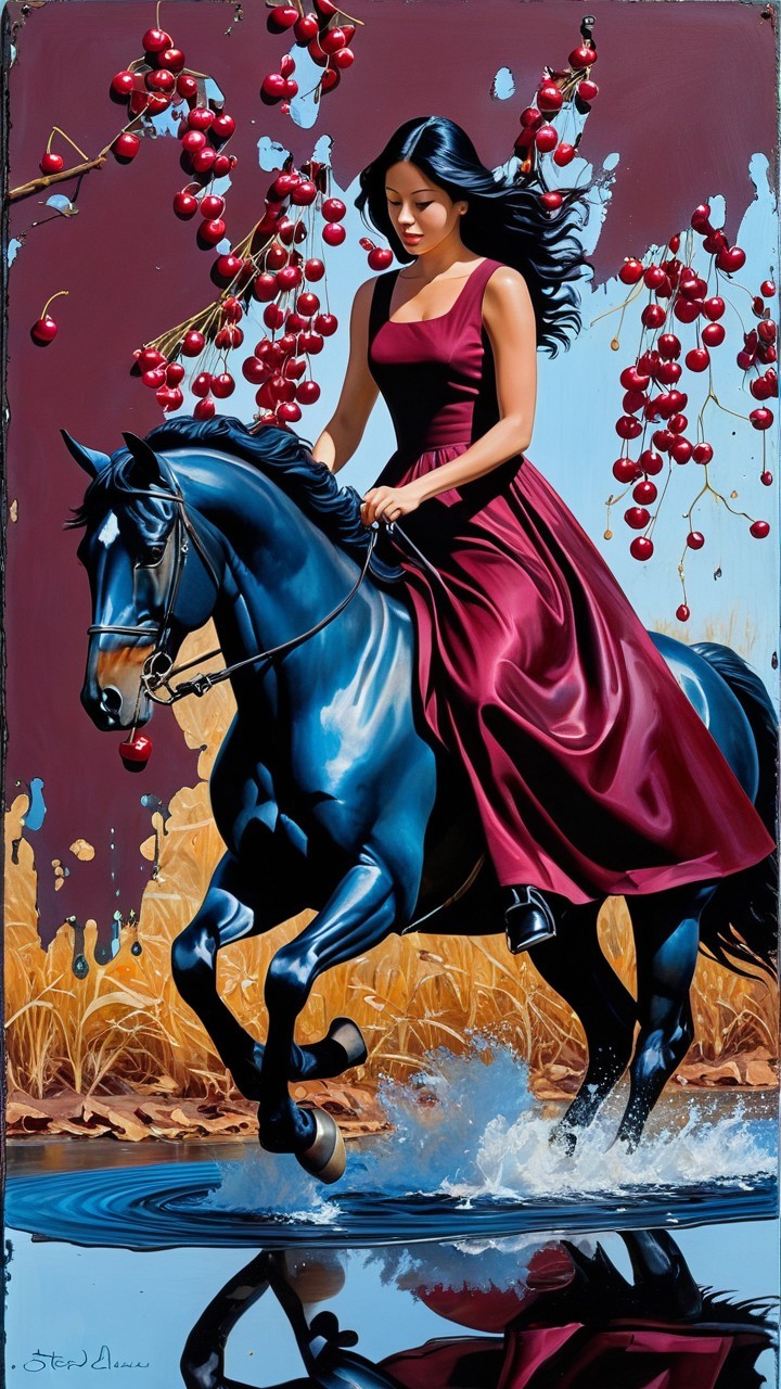 Woman in Burgundy Dress Riding Black Horse in Water