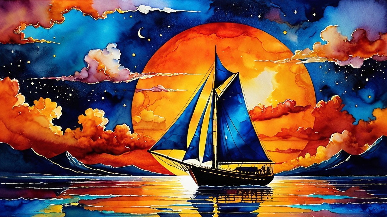 Watercolor Painting of Sailboat Under Orange Moon