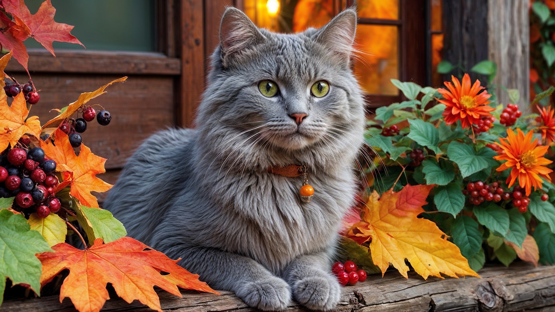 Fluffy Gray Cat Surrounded by Autumn Leaves and Flowers