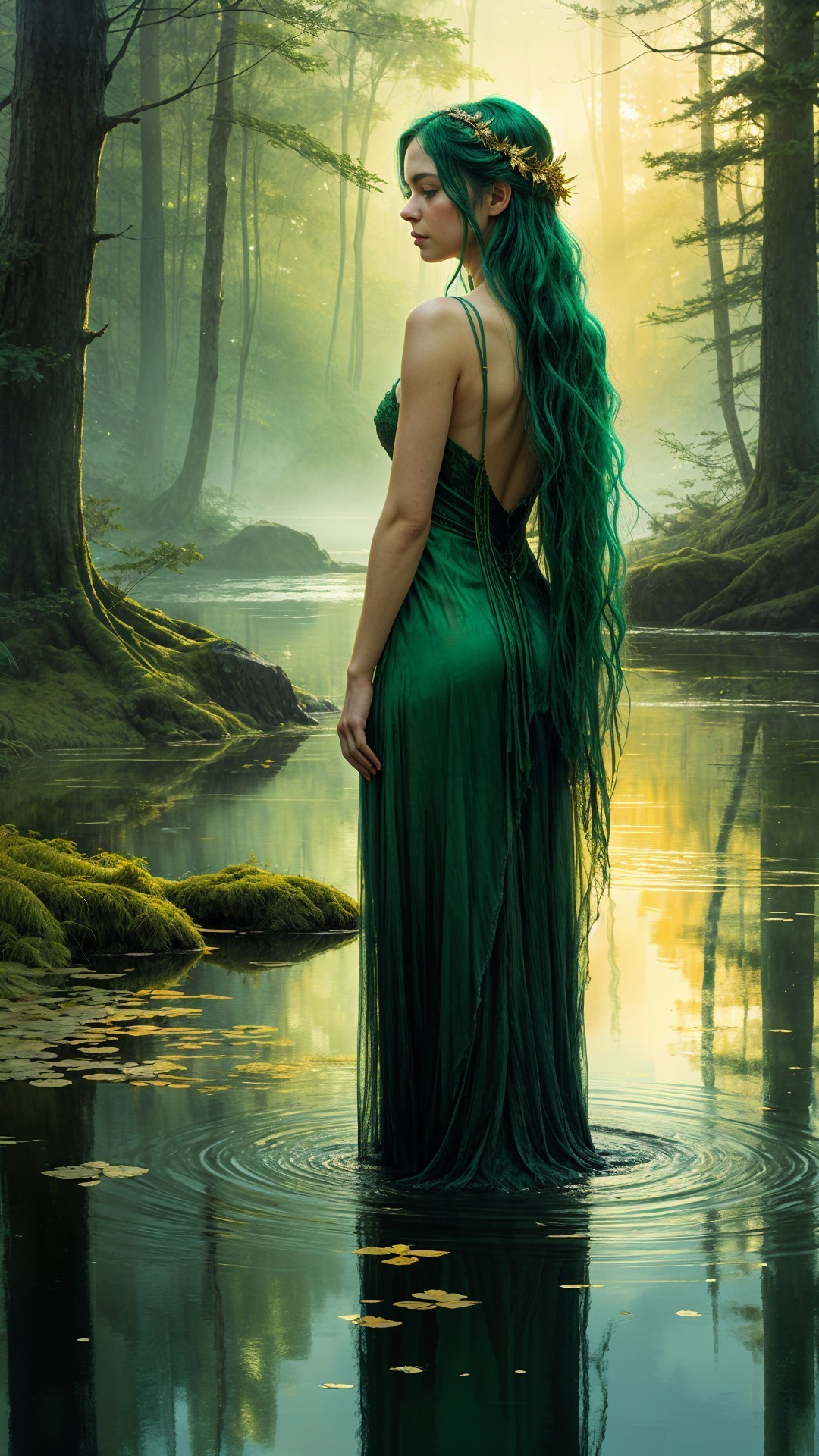 Woman in Green Gown by Peaceful Forest Pond