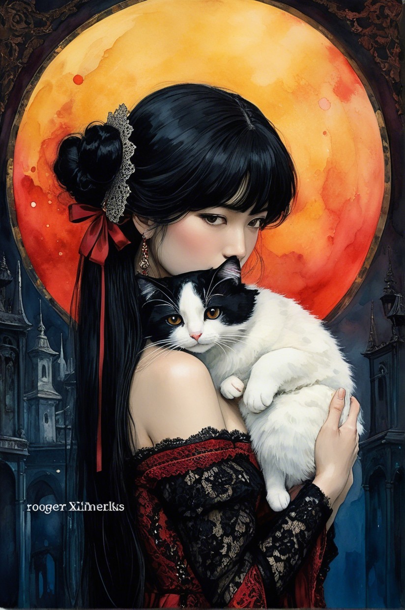 Woman in Elegant Outfit with Cat and Full Moon