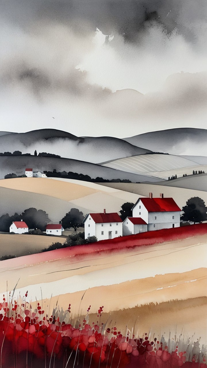 Serene Landscape with Rolling Hills and Red Flowers