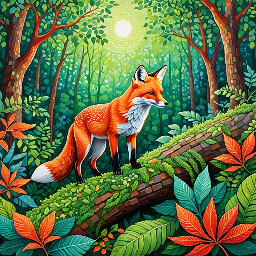 Vibrant Forest Scene with Orange Fox on Mossy Log