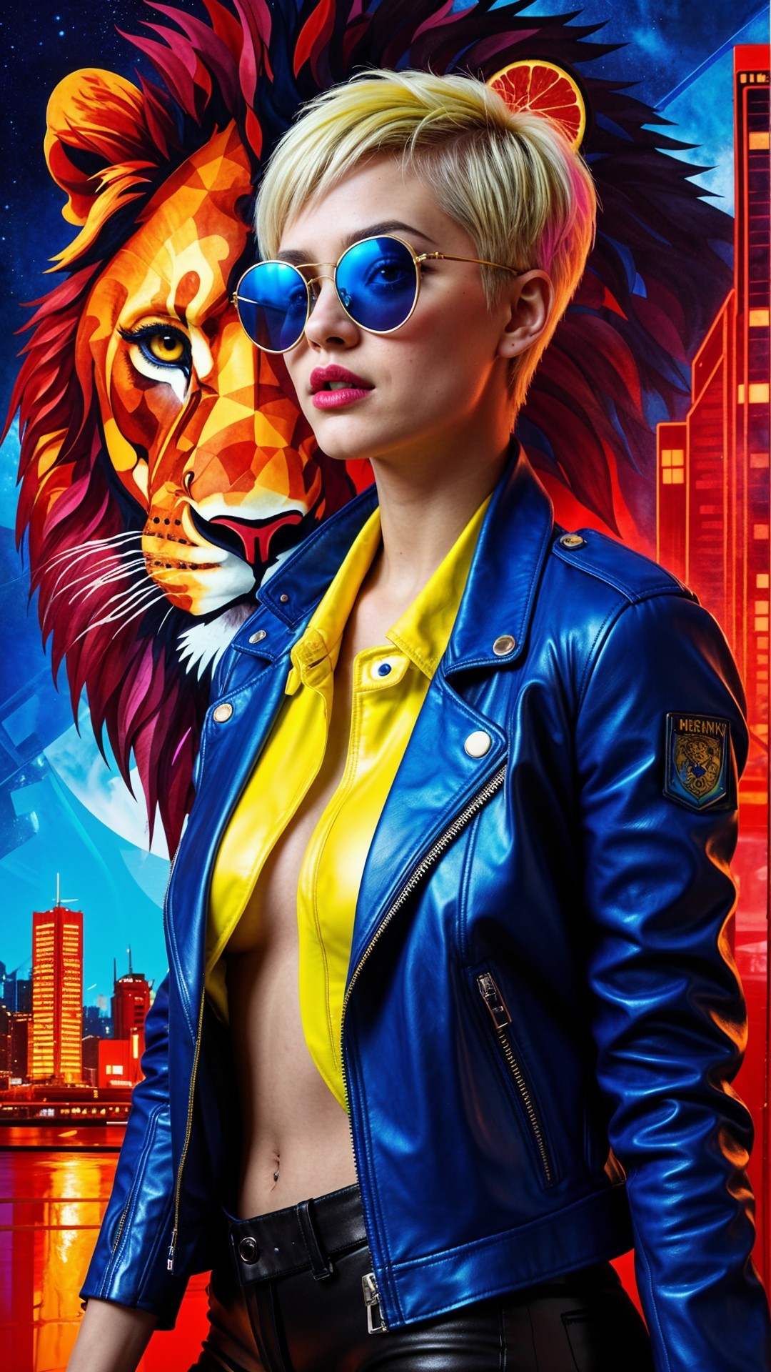 Stylish Woman in Blue Jacket Against Colorful Background