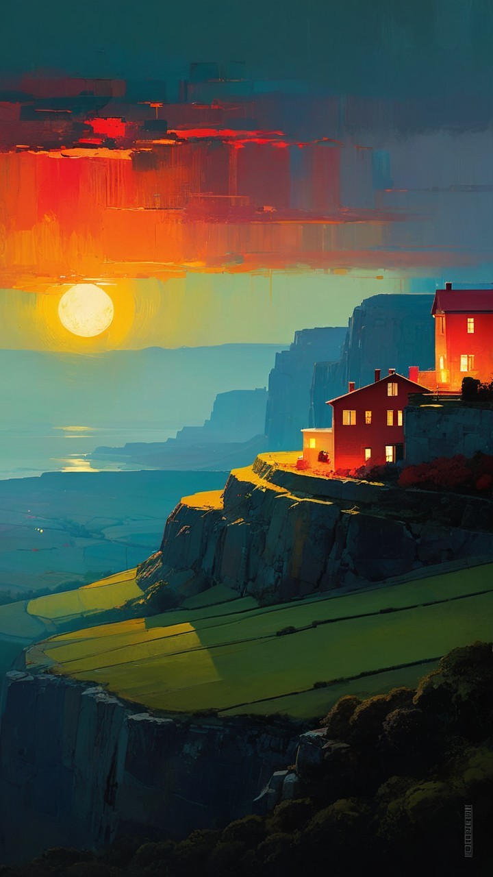Vibrant Sunset Over Dramatic Landscape and Cliffs