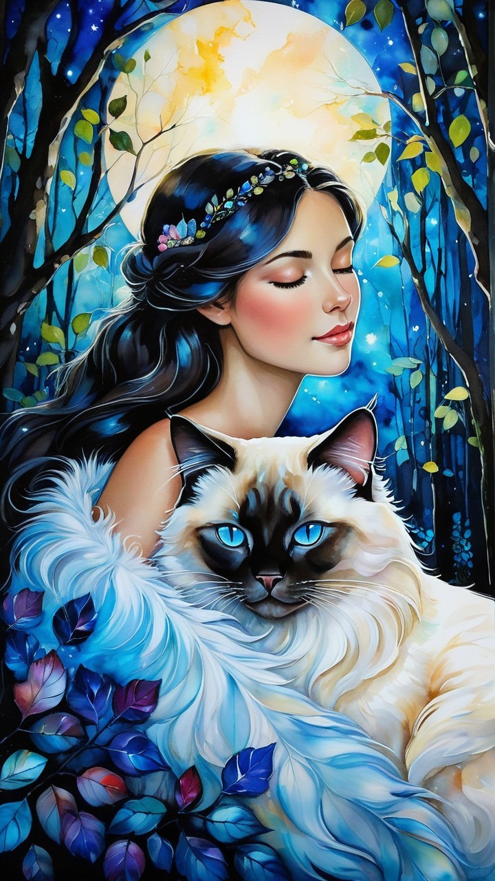 Serene woman in mystical forest with Siamese cat