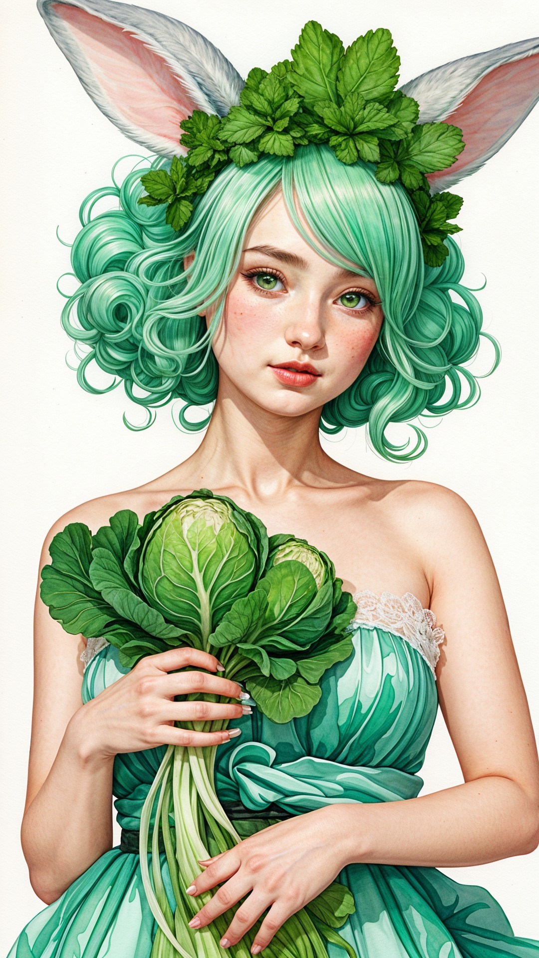 Whimsical character with green hair and bunny ears