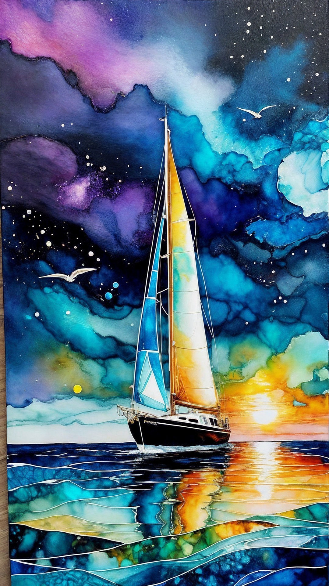 Vibrant Sailboat in Calm Waters Under Night Sky