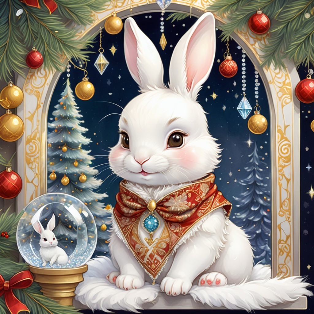 Fluffy White Bunny in Victorian Scarf in Winter Scene