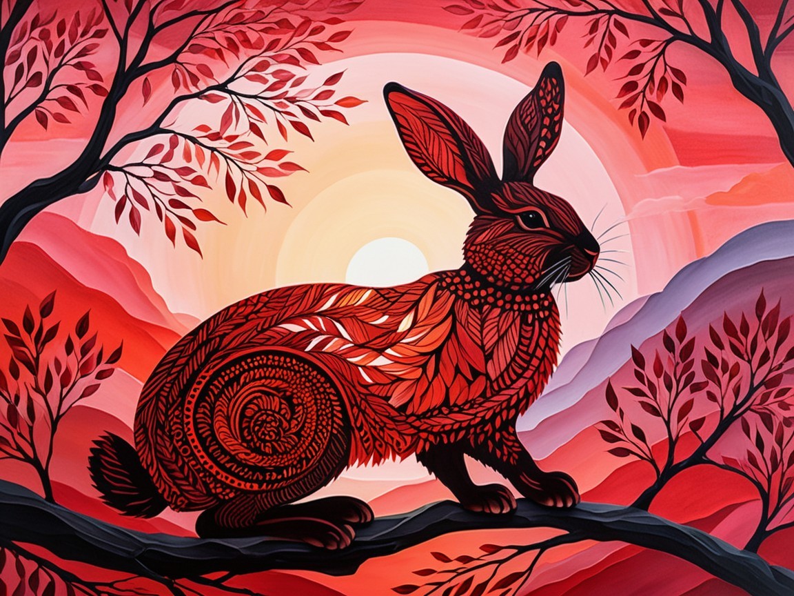 Rabbit on Branch Surrounded by Red Leaves at Sunset