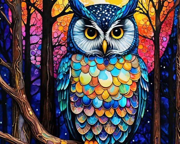 Vivid Owl on Branch Against Sunset Background