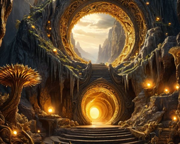 Mystical Cave Entrance with Circular Portals and Light