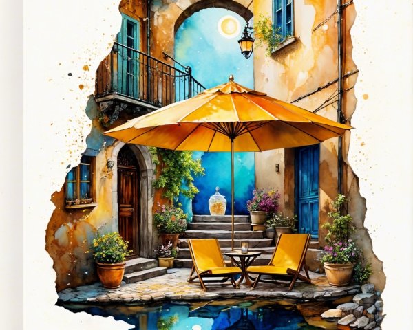 Charming Courtyard with Yellow Umbrella and Pool