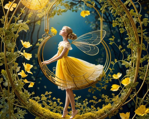Whimsical Fairy Scene with Flowers and Golden Elements