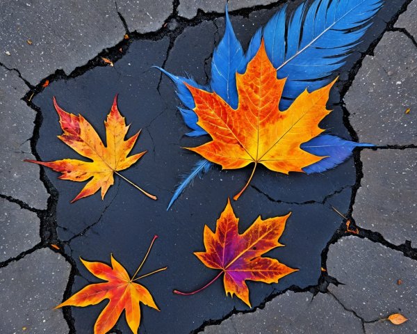 Autumn Leaves and Blue Feather on Black Pavement