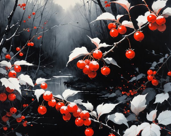 Vivid Red Berries on Dark Trees and Misty Background