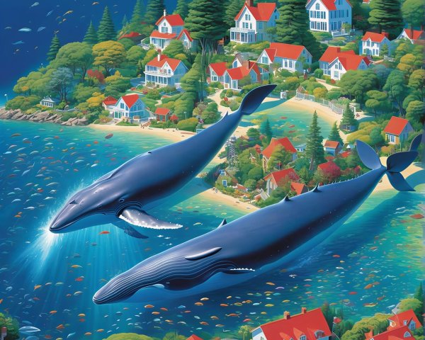 Overhead View of Blue Whales in Vibrant Ocean Scene