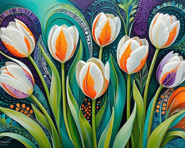 Colorful Artwork of Stylized White Tulips with Accents