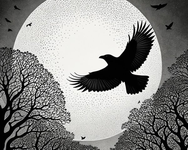 Black Bird Silhouette Against Luminous Moon and Trees