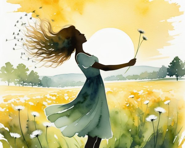 Silhouette of a Woman in a Sunlit Field with Dandelion