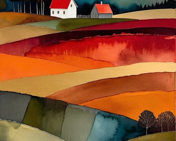 Vibrant Landscape Painting of Rolling Hills and Houses