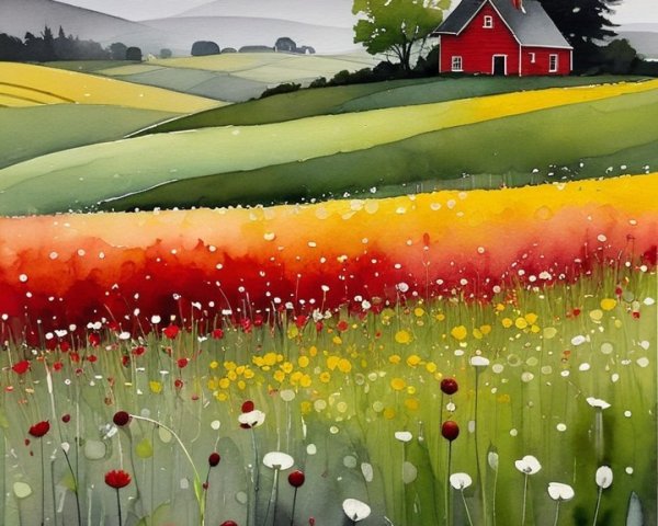 Vibrant Landscape with Red House and Rolling Hills