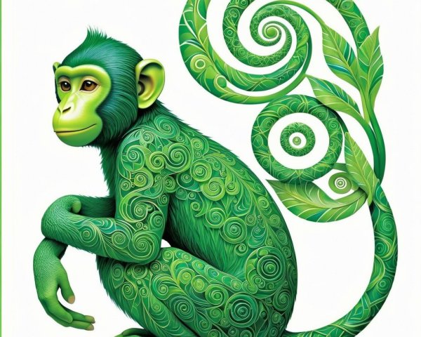 Whimsical Green Monkey with Intricate Leafy Design