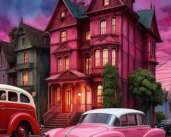 Whimsical Victorian Mansion Under Pink Moonlight