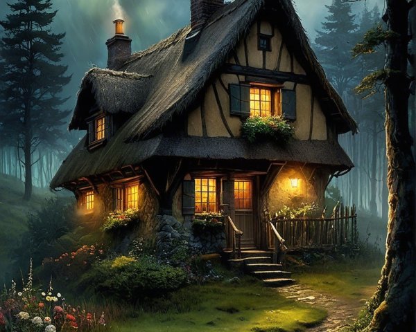 Charming Cottage in a Mystical Forest at Night