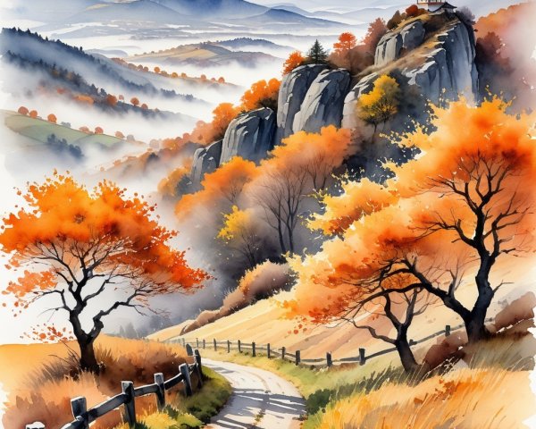 Autumn Landscape with Winding Path and Pagoda