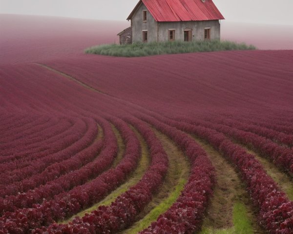 Gray House with Red Roof in Purple Fields