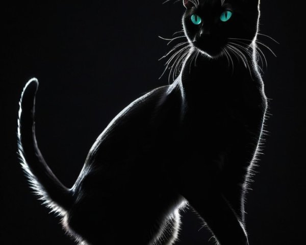 Silhouette of a black cat with turquoise eyes