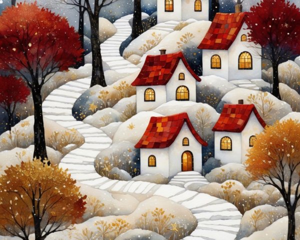 Winter Landscape with Charming Houses and Autumn Trees