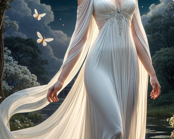 Moonlit Forest Scene with Figure in White Gown