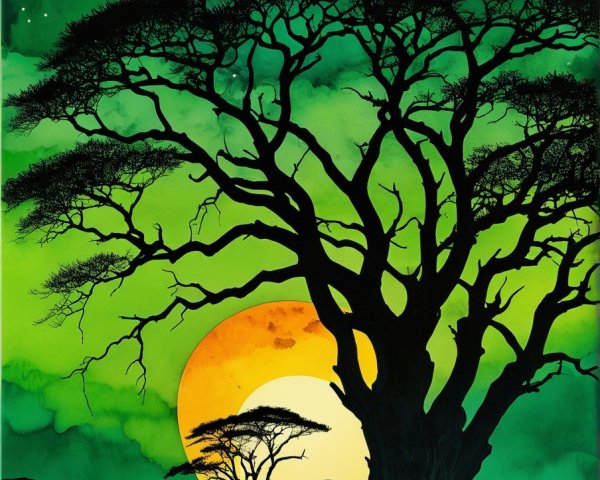 Vibrant African Sunset with Silhouette Trees and Stars