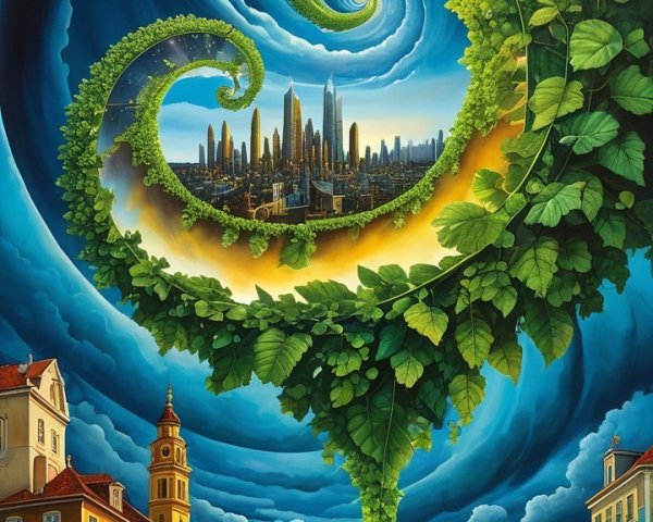 Surreal Landscape with Vibrant Sky and Cityscape