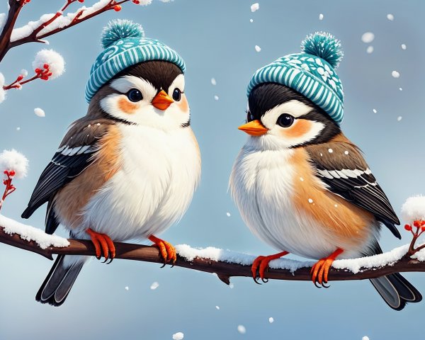 Birds in Winter Hats on Snowy Branch with Berries