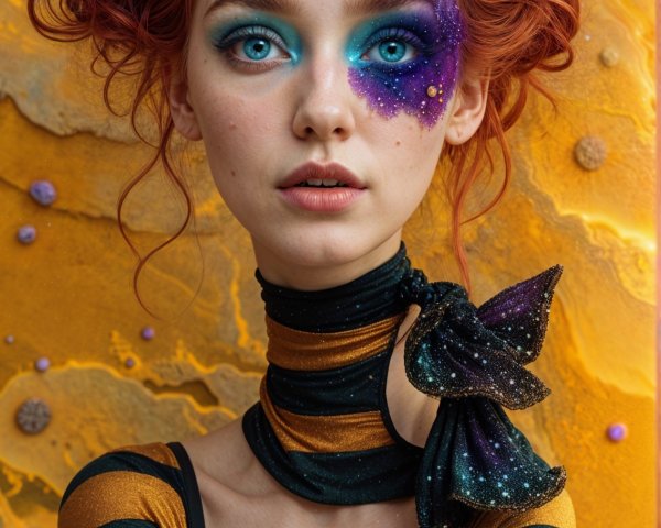 Young Woman with Red Hair and Galaxy Makeup