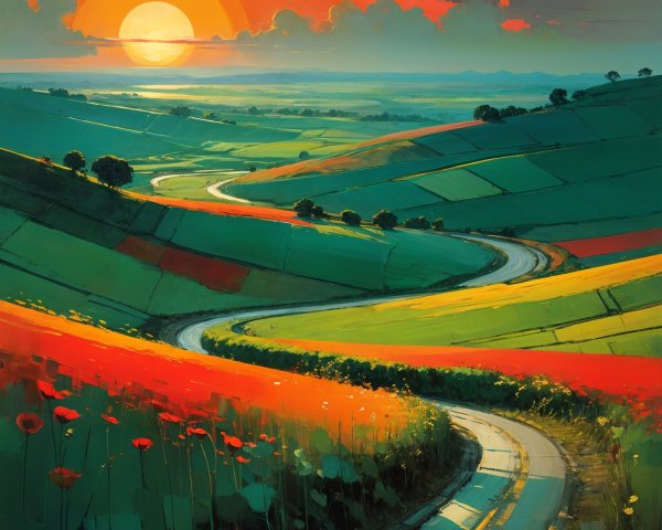 Vibrant Sunset Landscape with Rolling Green Hills