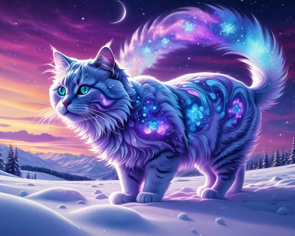 Majestic Cat in Snowy Landscape with Cosmic Patterns