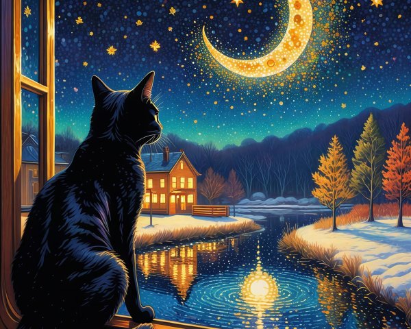 Black Cat on Window Sill Overlooking Starry Night Sky