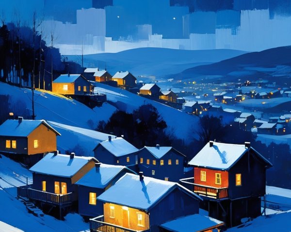 Serene Winter Night in a Snow-Covered Village
